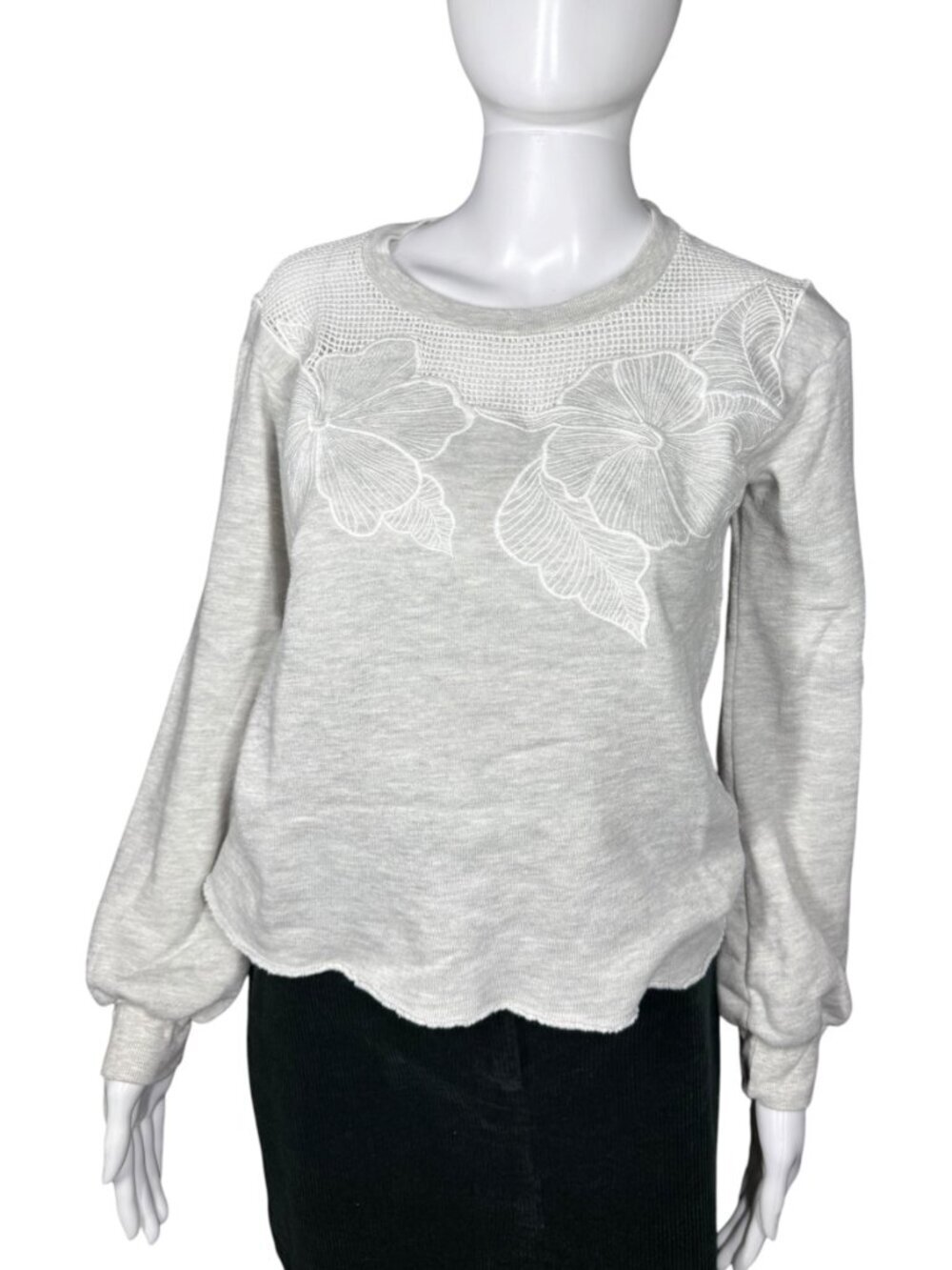 Nation Hibiscus Lace Floral Inlay Gray Fleece Pullover Sweatshirt Womens XS